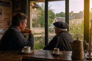 Two artisans in a rustic Perche café, engaged in a quiet conversation at a wooden counter lit by late afternoon sun, with countryside and old village buildings visible through the window.