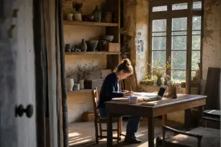 artisan focused on creative work at a wooden desk in a rustic Perche farmhouse studio, late afternoon light streaming through window