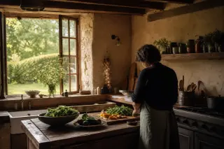 Two men, one older local and one newcomer, sitting at a rustic kitchen table in soft afternoon light, engaged in a casual discussion with maps and notes, rural details around them