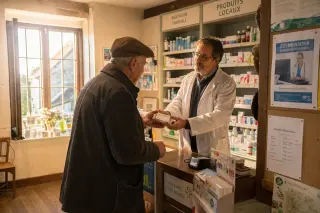 Village pharmacist assisting an elderly man in a small Perche pharmacy, bathed in late afternoon light