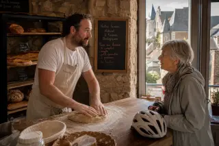 Baker and elderly woman quietly interacting in a stone-walled bakery in Nogent-le-Rotrou, late afternoon sunlight highlighting the scene through a window with historic rooftops visible.