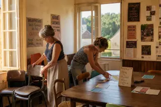 Two people preparing a community space in a rural hall with sunlight streaming in, arranging chairs and flyers, evoking a sense of genuine local initiative.