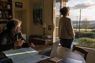 Two villagers in a rustic home, discussing over a map and laptop with rural landscape visible through an open window, sunlight creating a serene ambiance.
