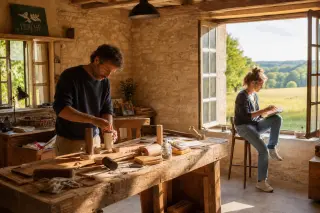 Two entrepreneurs working quietly inside a rustic coworking space in a former stone barn, late afternoon sunlight warmly illuminating the room filled with creative tools and materials.