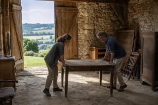 Middle-aged couple arranging wooden furniture inside a sunlit stone barn with open doors, soft afternoon light, rural Perche countryside visible in the background.