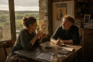 Two people in a rustic café having an animated conversation near a sunlit window, surrounded by vintage decor and countryside views.