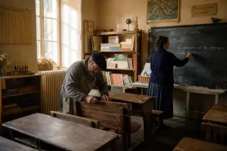 Local craftsman repairing old school desk in rural classroom while teacher writes on blackboard, bathed in soft golden afternoon light.