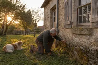 Elderly craftsman inspecting the stone base of an old farmhouse wall at sunset, with a dog resting nearby and orchard trees in the background.
