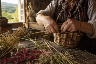 Close-up of elderly woman's hands weaving a basket with natural grasses on a rustic wooden table, soft golden light and blurred rural workshop in background.