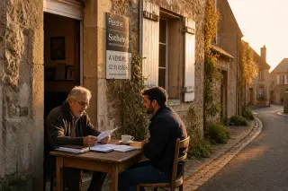 Two men, one older and one younger, quietly discuss real estate documents outside a rustic Perche village house in late afternoon light.